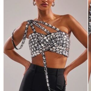 AKIRA Silver Crystal One-Shoulder Crop Top